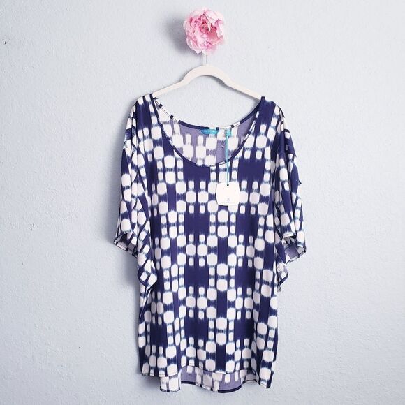 Tori Richard Honolulu Blue and White Geometric Tunic Blouse - Picture 1 of 7